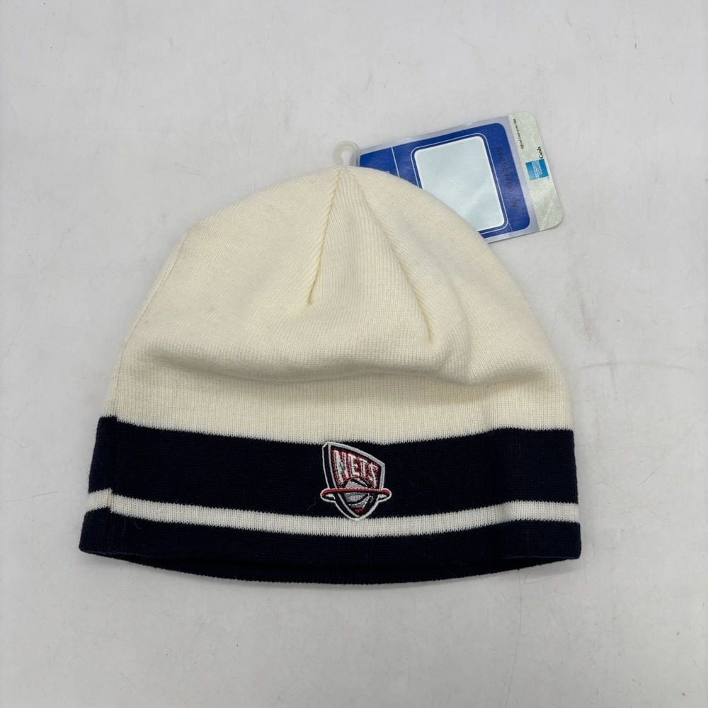 New Jersey Nets Beanie Hat OSFA Uncuffed Winter White Reebok Reversible NEW